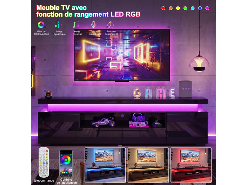  Meuble tv noir brillant 180 cm avec led rgb, multiprise usb-c intégrée, 2 tiroirs et 2 armoires, pour tv jusqu’à 75 pouces  - Conforama E