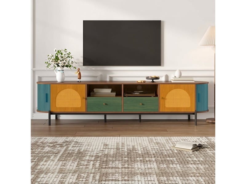  Meuble tv ovale noyer 200 cm en mdf et rotin, avec portes coulissantes et pieds en métal  - Conforama D