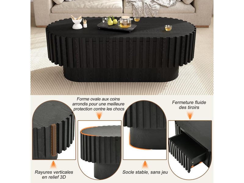  Table basse avec rangement 100 x 50 x 35 cm tiroir table de salon forme ovale à lamelles verticales en bois structure stable charge maximale 20 kg noir  - Conforama E