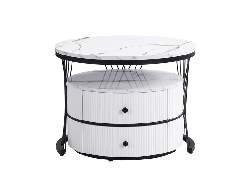 Élégant ensemble de 2 tables basses gigognes blanches, 60 x 60 x 46 cm et 50 x 50 x 31 cm, tables rondes aspect marbre brillant, 2 tiroirs, capacité de charge jusqu'à 30 kg, combinaison de tables basses gigognes  - Conforama E