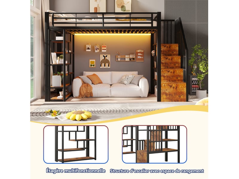  Lit mezzanine enfant 90x200 cm, led multicolore, escalier rangements, garde-corps, métal mdf noir sans matelas  - Conforama D