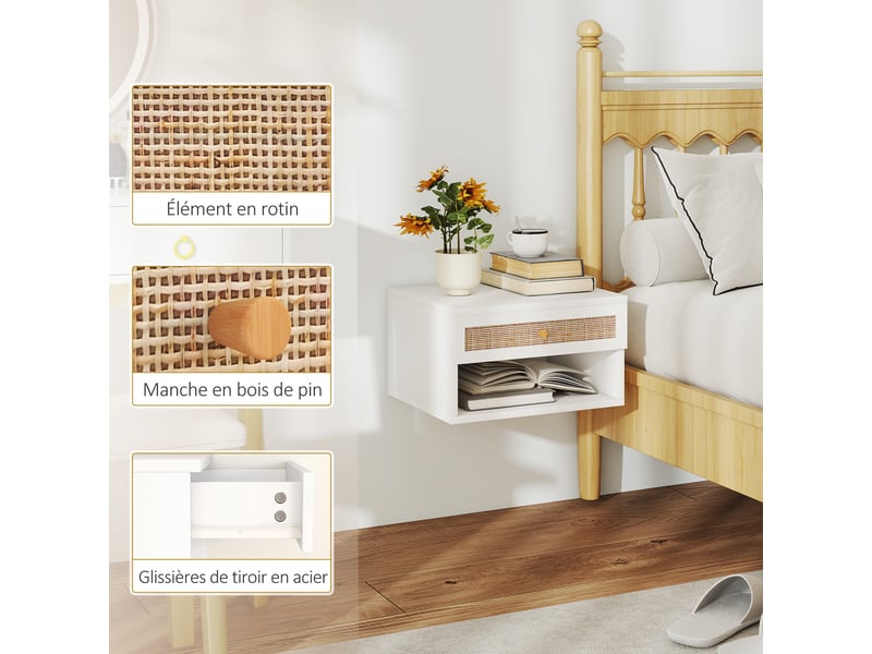  Lot de 2 tables de chevet murales tiroir coulissant, plateau - en bois dim. 40l x 34l x 23h cm, niche  - Conforama W