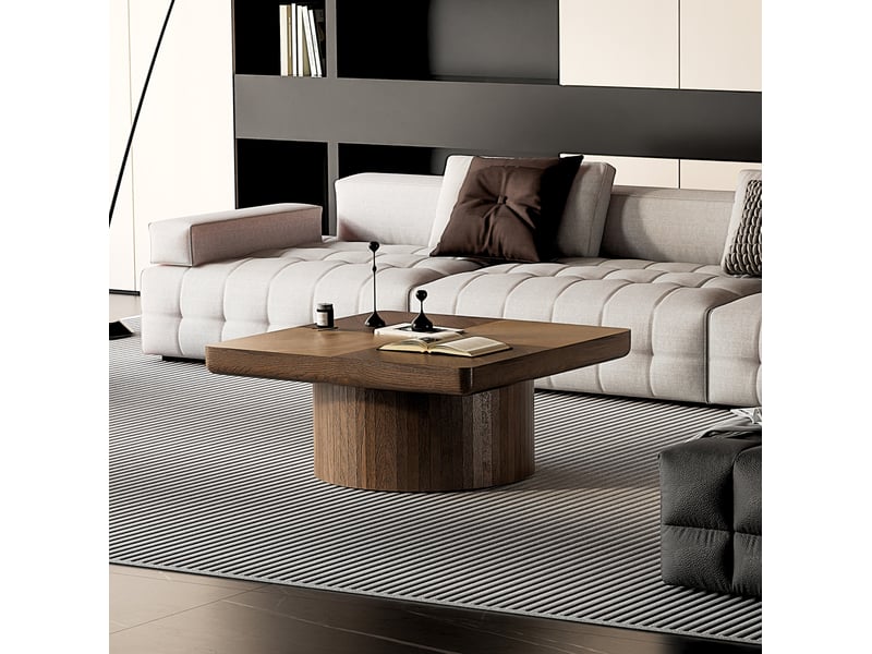  Table basse ulevr carrée 78 x 78 cm, plateau plaqué motif parquet 8 cm, base cylindrique, bois et mdf noyer  - Conforama D
