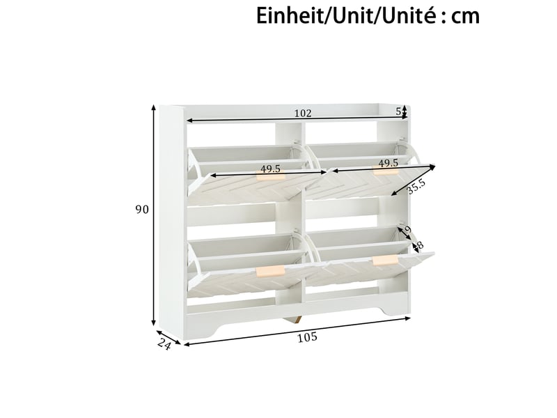  Meuble à chaussures à 4 compartiments abattants en mdf blanc, façade 3d  - Conforama E