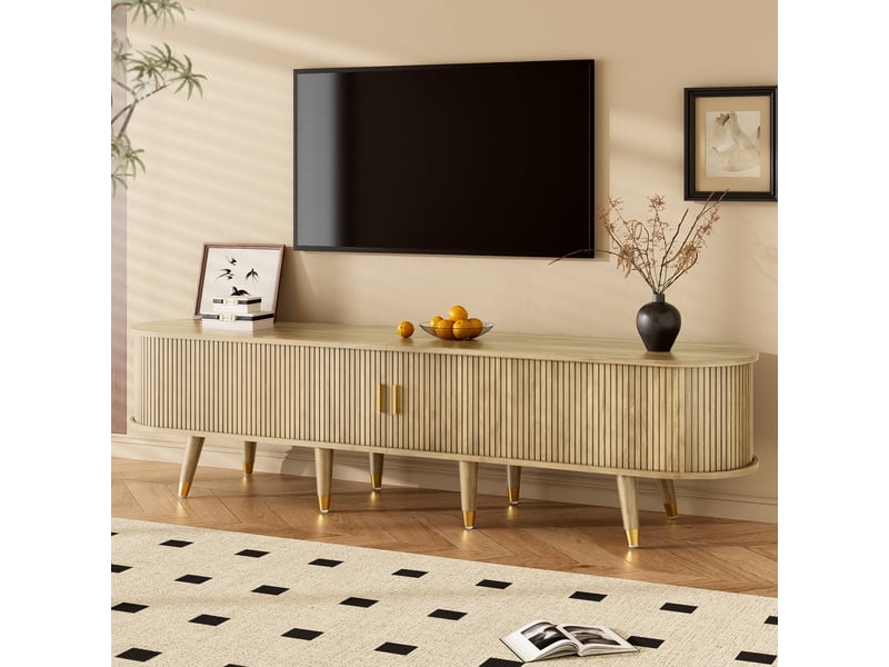  Meuble tv bas avec porte coulissante 175x38x45cm | style naturel effet chêne et pieds dorés | tiroirs et niches charge 60kg - chêne clair  - Conforama C