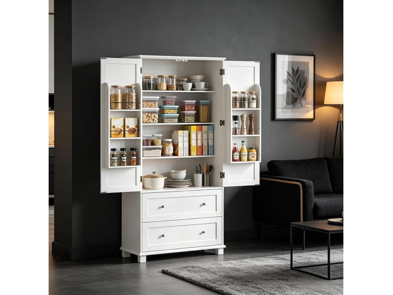  Buffet de cuisine haute blanche 80 x 39,5 x 184,5 cm avec 2 portes, 2 tiroirs et 6 rangements de porte, mdf  - Conforama E