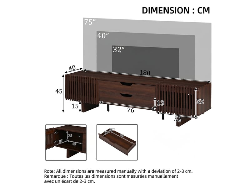  Meuble tv noyer 180 cm pour écran 75 pouces avec 2 tiroirs et portes persiennes  - Conforama C