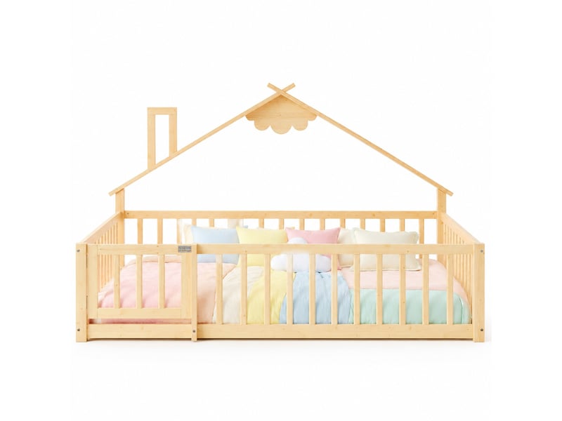  Lit enfant 140x190 cm en bois avec sommier à lattes, barrières et forme maison  - Conforama A