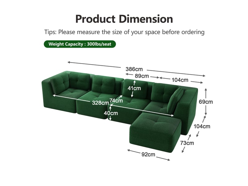  Canapé d'angle modulaire sans armature avec assise profonde et coussins moelleux, en corduroy vert  - Conforama E
