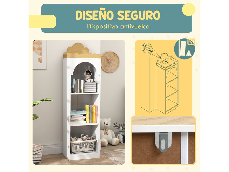 Bibliothèque enfant à 3 niveaux, idéale pour la chambre d'enfant, blanche et naturelle.  - Conforama E