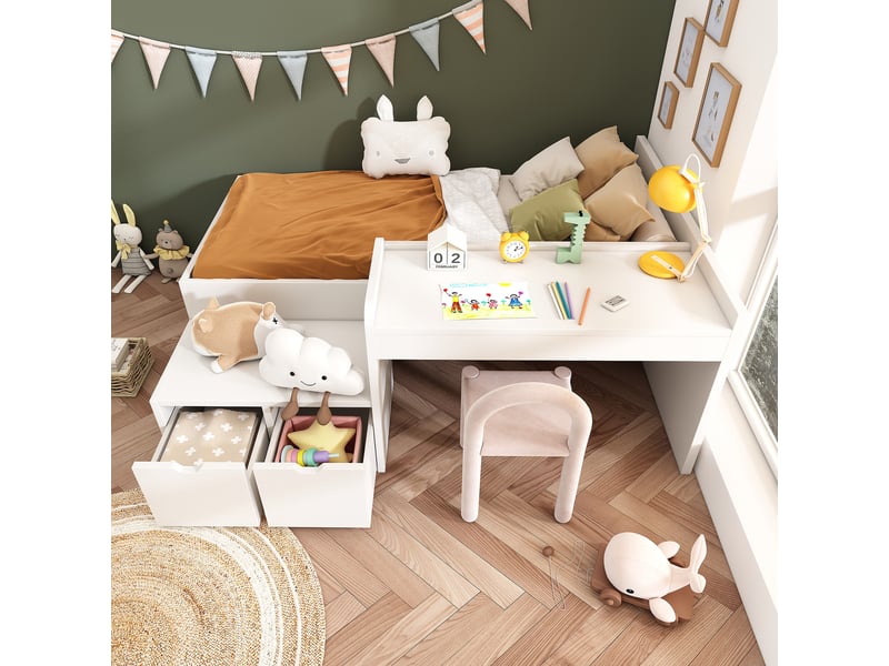  Lit enfant avec bureau et tiroirs de rangement, lit simple 90x200 en bois massif blanc, avec sommier  - Conforama B