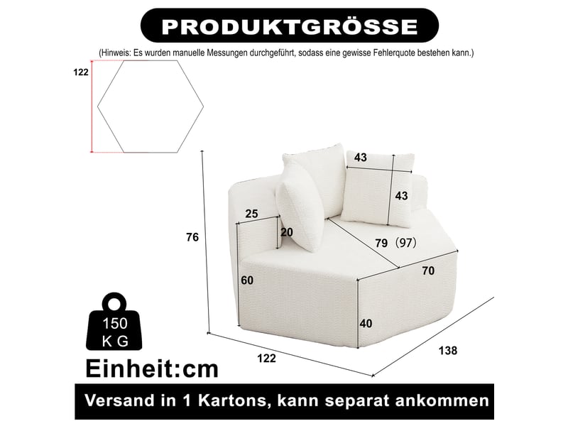  Fauteuil modulable hexagonal avec 3 coussins et assise moelleuse, design polyvalent, en chenille beige  - Conforama D