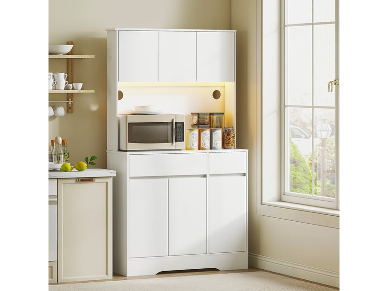  Buffet de cuisine, meuble de rangement haut avec éclairage led rgb, plan de travail, 6 portes, 2 tiroirs, blanc  - Conforama C