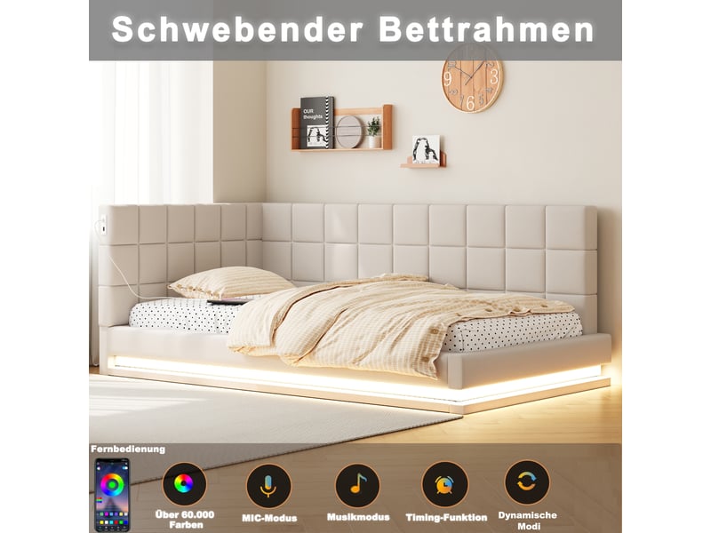  Lit banquette 90x200 cm en tissu beige, led, usb, sommier à lattes, design multifonction  - Conforama B
