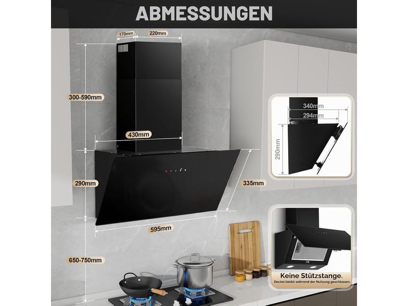  Hotte aspirante murale noire 60 cm, évacuation et recyclage, débit 450 m³h, commande tactile, led et moteur a+++  - Conforama C