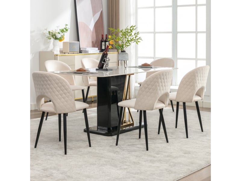  6 chaises de salle à manger velours beige rembourrées, dossier métal, pieds réglables, motif diamant dos  - Conforama B
