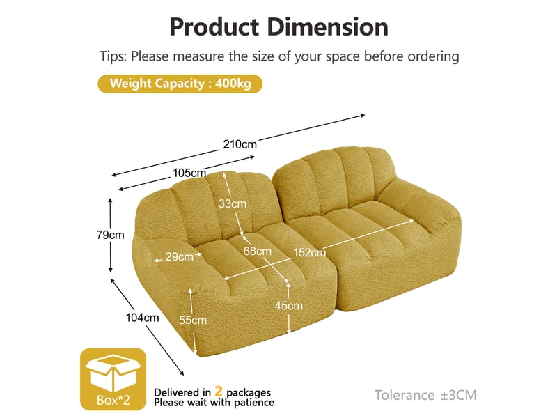  Canapé modulaire 2 places sans structure avec assise profonde et dossier ergonomique, en tissu polaire texturé jaune  - Conforama E
