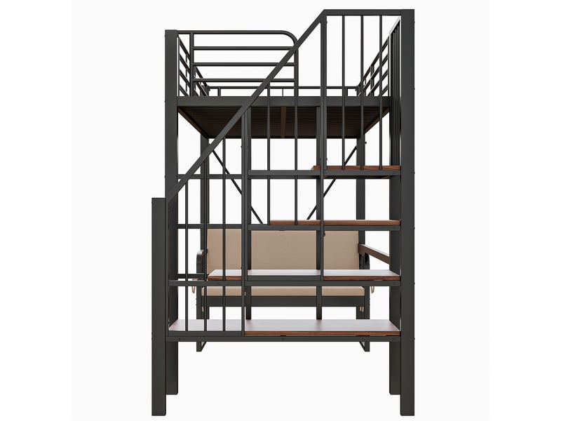 Lit mezzanine avec canapé intégré et escalier de rangement sécurisé, lit superposé 90x200 en métal noir robuste pour adulte et enfant. - Conforama D