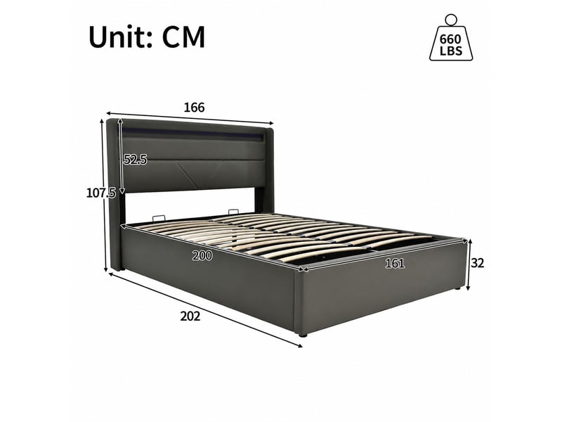  Lit coffre hydraulique 160 x 200 cm avec tête de lit led et télécommande, pu gris  - Conforama C