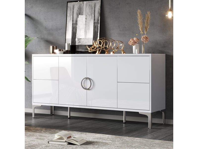  Buffet blanc laqué 150 cm meuble de rangement 4 tiroirs 2 portes mdf pieds en métal  - Conforama B