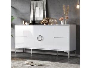 Buffet blanc laqué 150 cm meuble de rangement 4 tiroirs 2 portes mdf pieds en métal
