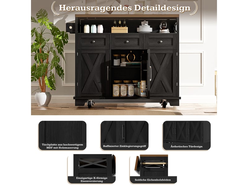  Desserte cuisine, îlot central sur roulettes avec plan de travail, plateau extensible, pivotant à 360°, dimensions 118 x 43 à 70 x 98 cm, mdf, noir  - Conforama E