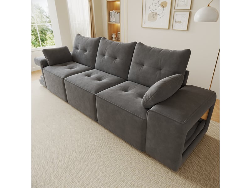 Canapé 3 places en velours gris, niches intégrées, rangements, 2 coussins, 229,5×78×84 cm - Conforama W