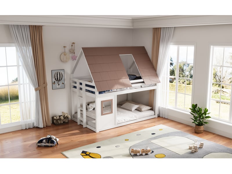 Lit superposé enfant 140×200 cm avec toit et échelle - okmyhome- sans matelas, pin et mdf blanc marron  - Conforama E