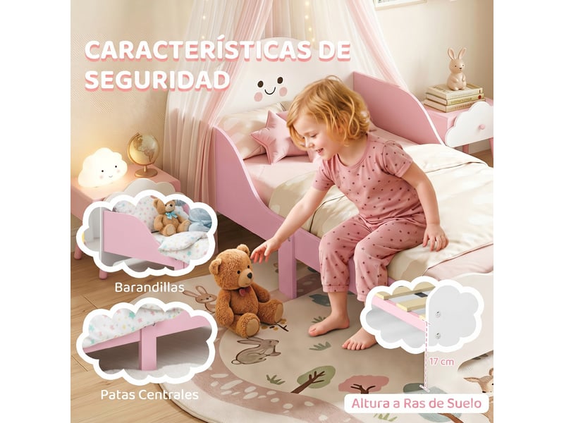  Lit enfant montessori 70x140 rose avec barrières hautes, lit simple bas pour enfants 3 à 6 ans  - Conforama W