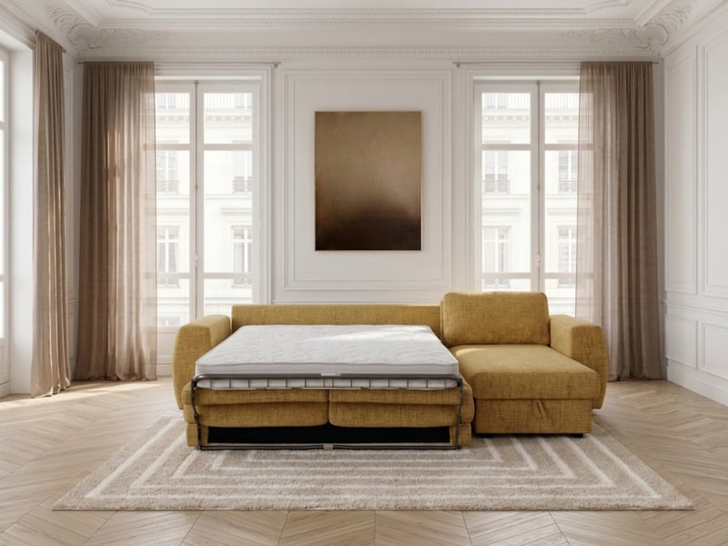  Bobochic canapé d'angle réversible convertible coffre hugo ouverture express tissu texturé jaune 140x190 réversible HUGO - Conforama D