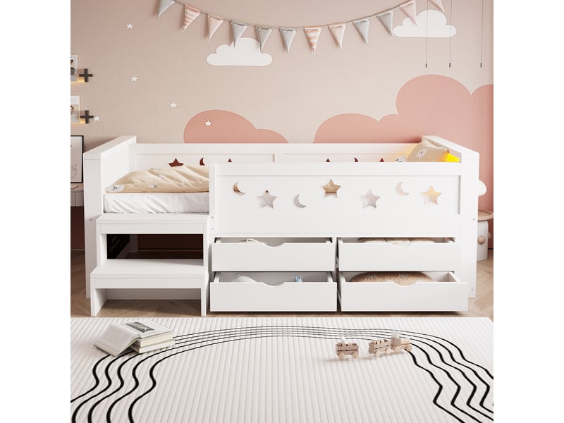 Lit simple enfant 90x200 cm - 4 tiroirs et rangement - tête de lit led - tableau noir, marchepied et barrières - blanc - Conforama D