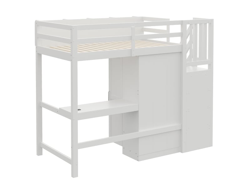  Lit mezzanine enfant 90x200 cm – blanc – bureau, armoire, escalier de rangement, led et prises – sans matelas  - Conforama D