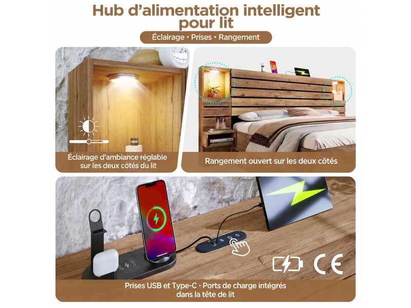  Lit double 180x200 cm avec 3 tiroirs, led et usb-c, effet chêne  - Conforama D