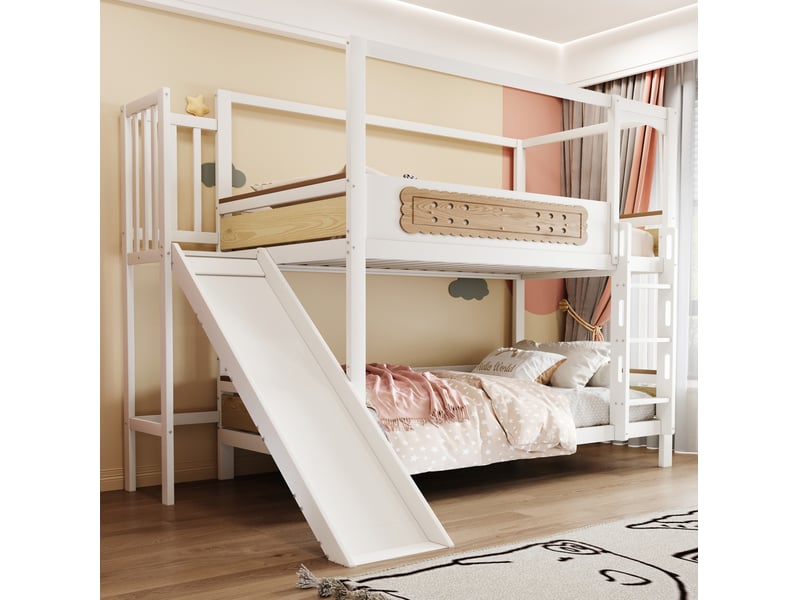  Lit superposé 90x200 cm avec toboggan et échelle large en bois blanc et naturel  - Conforama B
