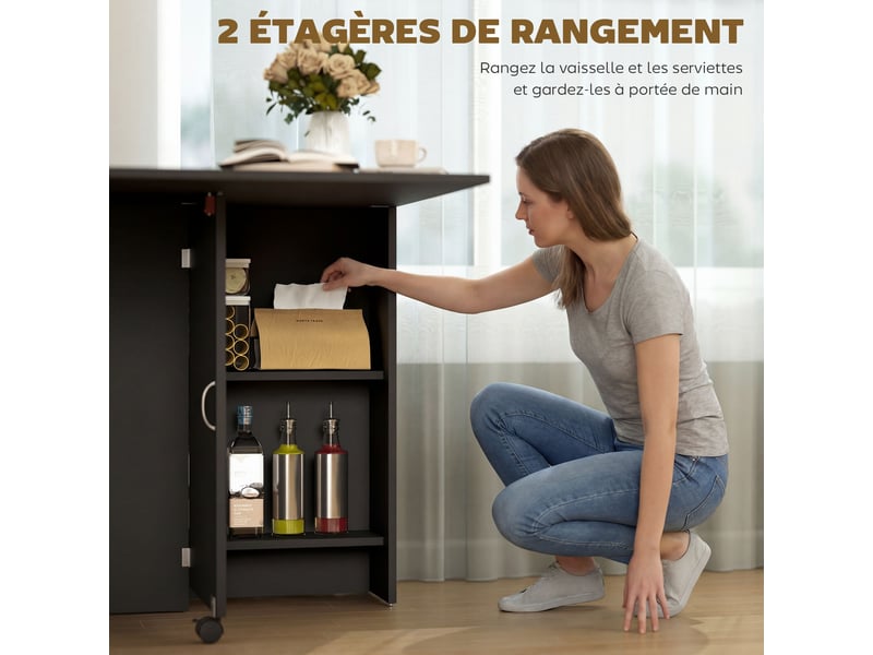 Table pliante de cuisine salle à manger amovible sur roulettes 75 x 140 x 74 cm noir coloris - Conforama E