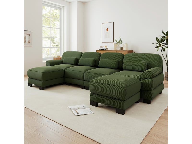  Canapé modulaire tcqpz 4 places en u avec 2 poufs 336 x 161 x 94 cm velours côtelé vert  - Conforama B