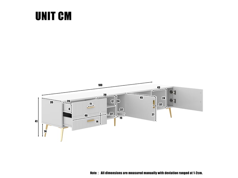  Meuble tv blanc 180 cm avec façade rainurée et rangements, meuble tv pour téléviseur jusqu'à 80 pouces, style moderne  - Conforama C
