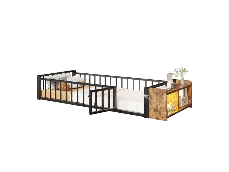  Lit plat en métal 90 x 200 cm, noir, sans matelas, led, rangement ouvert et garde-corps  - Conforama A