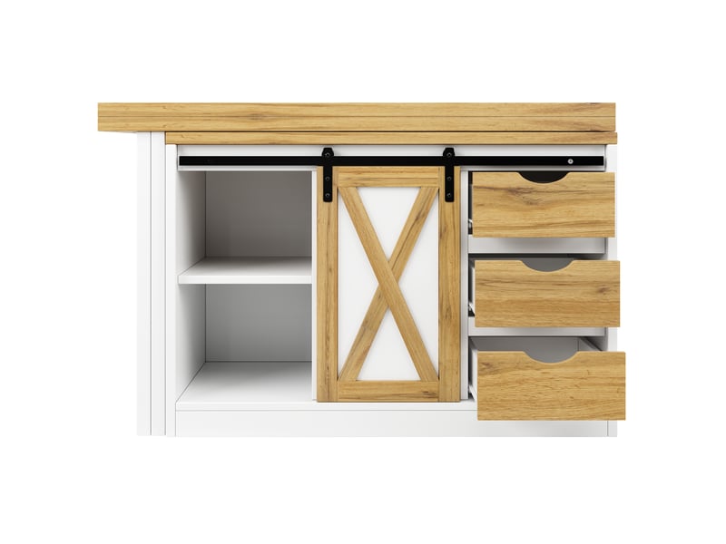  Îlot de cuisine extensible 120-197 x 40 x 72 cm, porte coulissante, 3 tiroirs et porte-bouteilles, blanc, en mdf robuste  - Conforama E