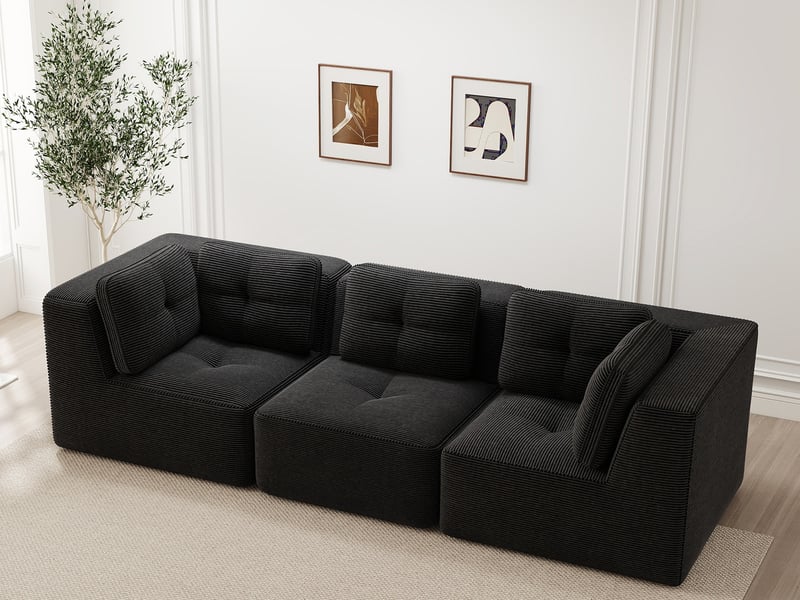  Canapé modulable d’angle 3 places en velours côtelé noir, sans montage  - Conforama B