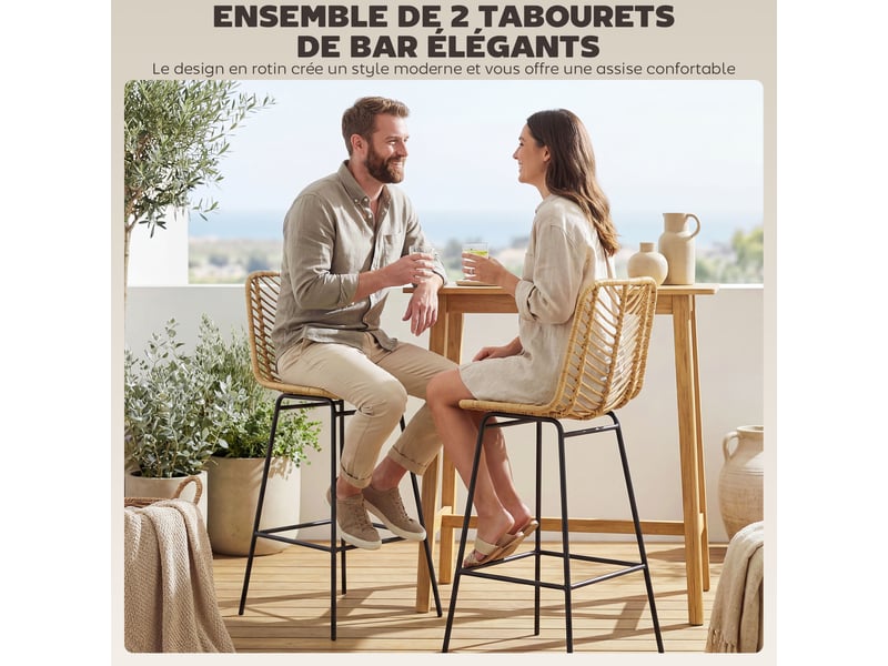  Lot de 2 tabourets de bar – style bohème – dossier cannage  - Conforama E