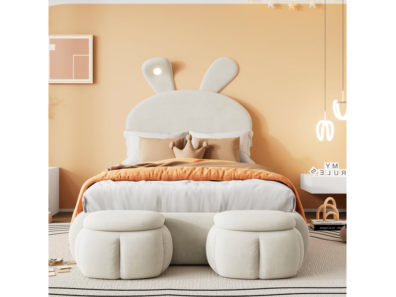  Lit enfant 90x200 cm en velours beige avec led réglable et 2 poufs de rangement  - Conforama D
