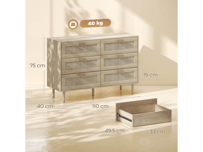  Commode 6 tiroirs meuble de rangement avec tissage en rotin dim. 110l x 40l x 75h cm aspect clair bois  - Conforama C