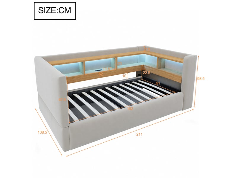  Lit coffre enfant, 90x190 cm, avec led intégrée, plusieurs espaces de rangement, clair, tissu et velours, coloris gris  - Conforama C