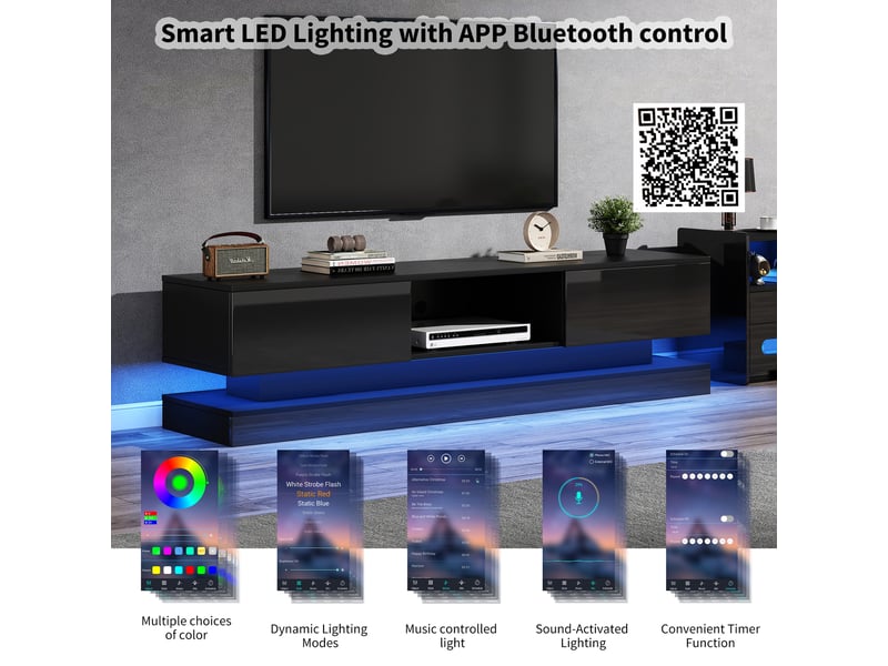  Meuble tv moderne brillant led 160 x 35 x 40,5cm,commode tv élégante avec 2 tiroirs,contrôle du app,anti-basculement,noir  - Conforama E