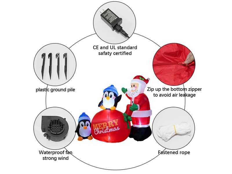  Père noël gonflable 2 m avec pingouins et led, décoration de noël extérieure pour jardin et pelouse  - Conforama D