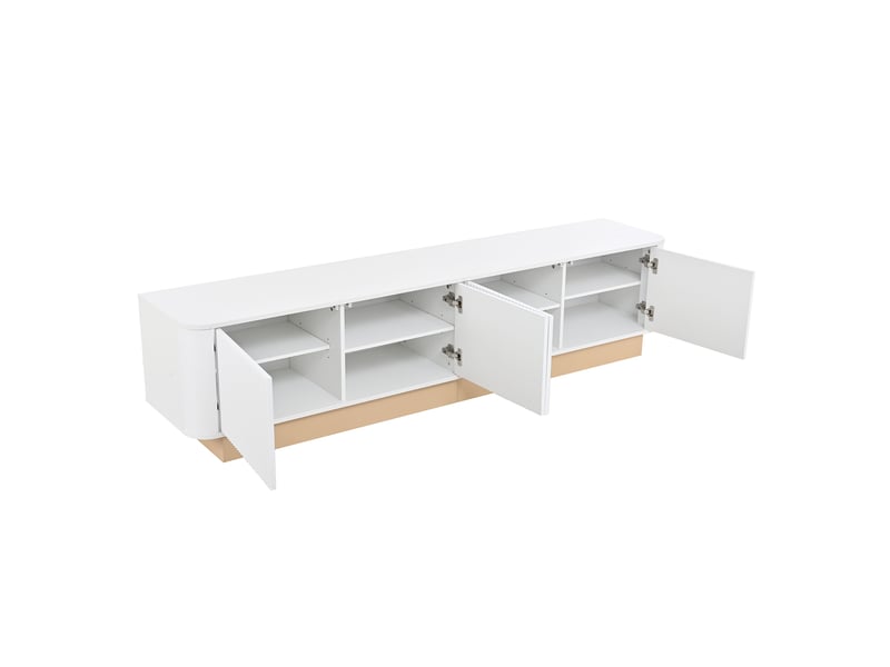  Meuble tv bas 200 cm – blanc – 4 portes, rangements réglables et passe-câbles intégrés, design texturé  - Conforama D
