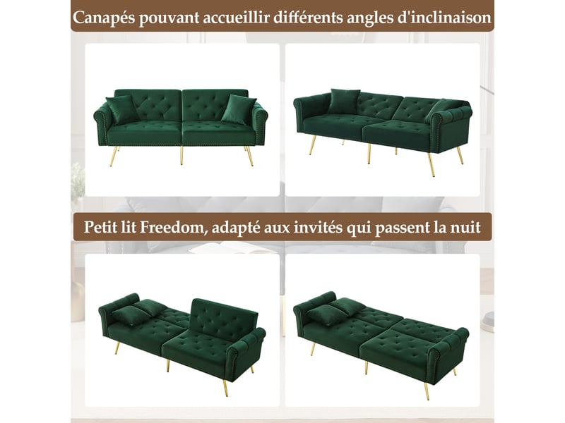  Canapé convertible 2 places velours vert antique avec dossier réglable  - Conforama E