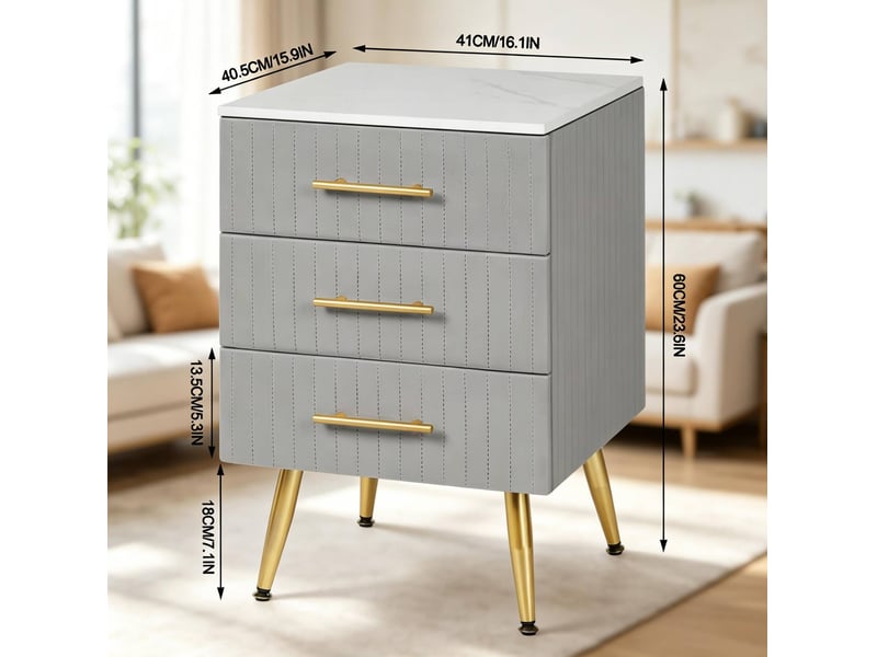  Table de chevet tcqpz 3 tiroirs velours gris pieds en métal dorés  - Conforama C