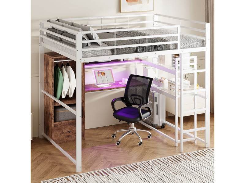 Lit superposé 140x200 cm avec éclairage led, lit simple rembourré avec bureau et tiroir, lit superposé avec cadre en métal, blanc - Conforama D